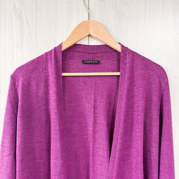 Eileen Fisher 100% Merino Wool Purple/Pink Open Front Longline Cardigan Sweater - Picture 3 of 7